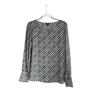 Express Womens L Blouse Lightweight Black White Plaid Balloon Button Sleeves